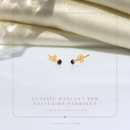 Gold Solitaire Black Round Stud Earrings - 92.5 Silver - Black Brilliant Zirconia Tops - 18k Gold Finish