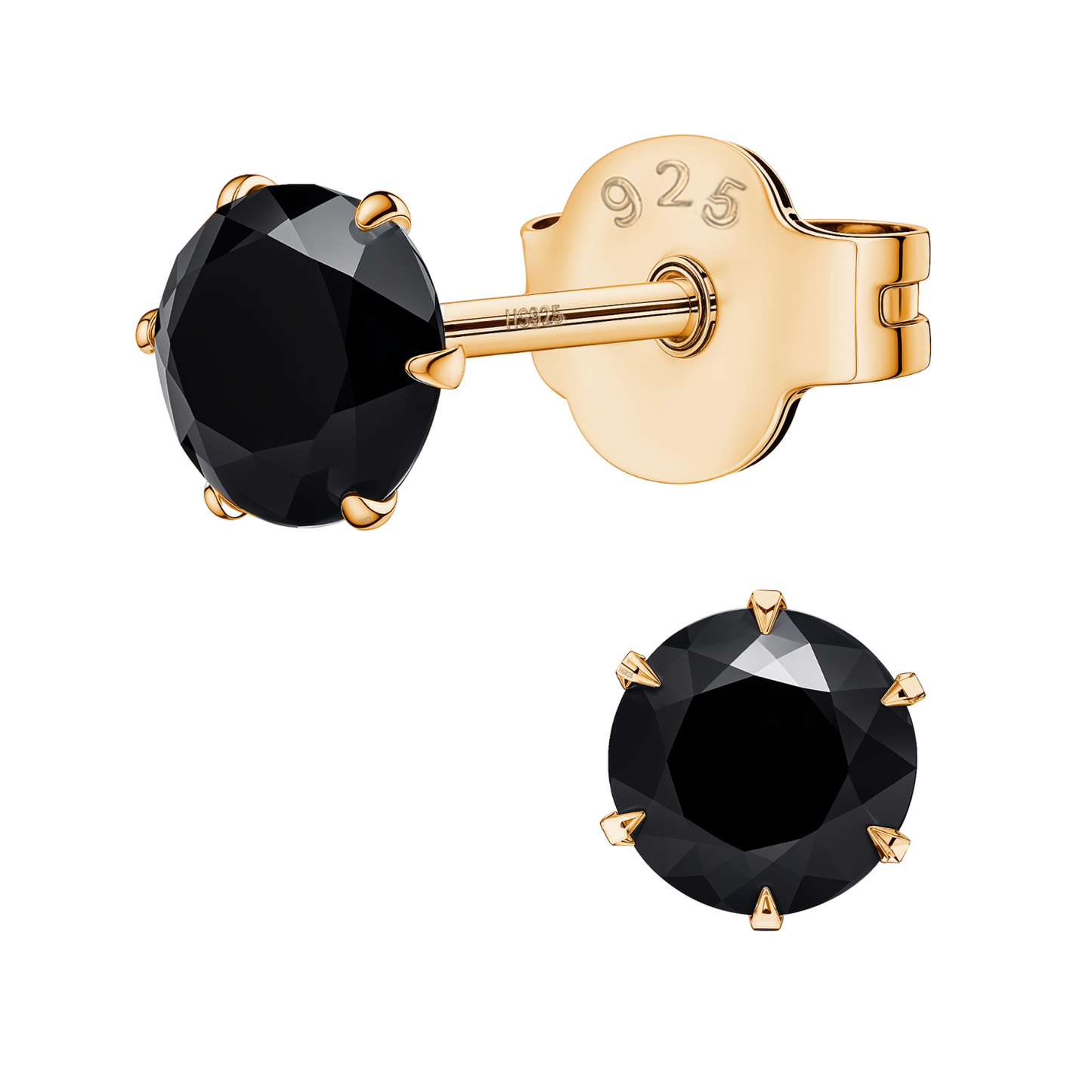 Gold Solitaire Black Round Stud Earrings - 92.5 Silver - Black Brilliant Zirconia Tops - 18k Gold Finish