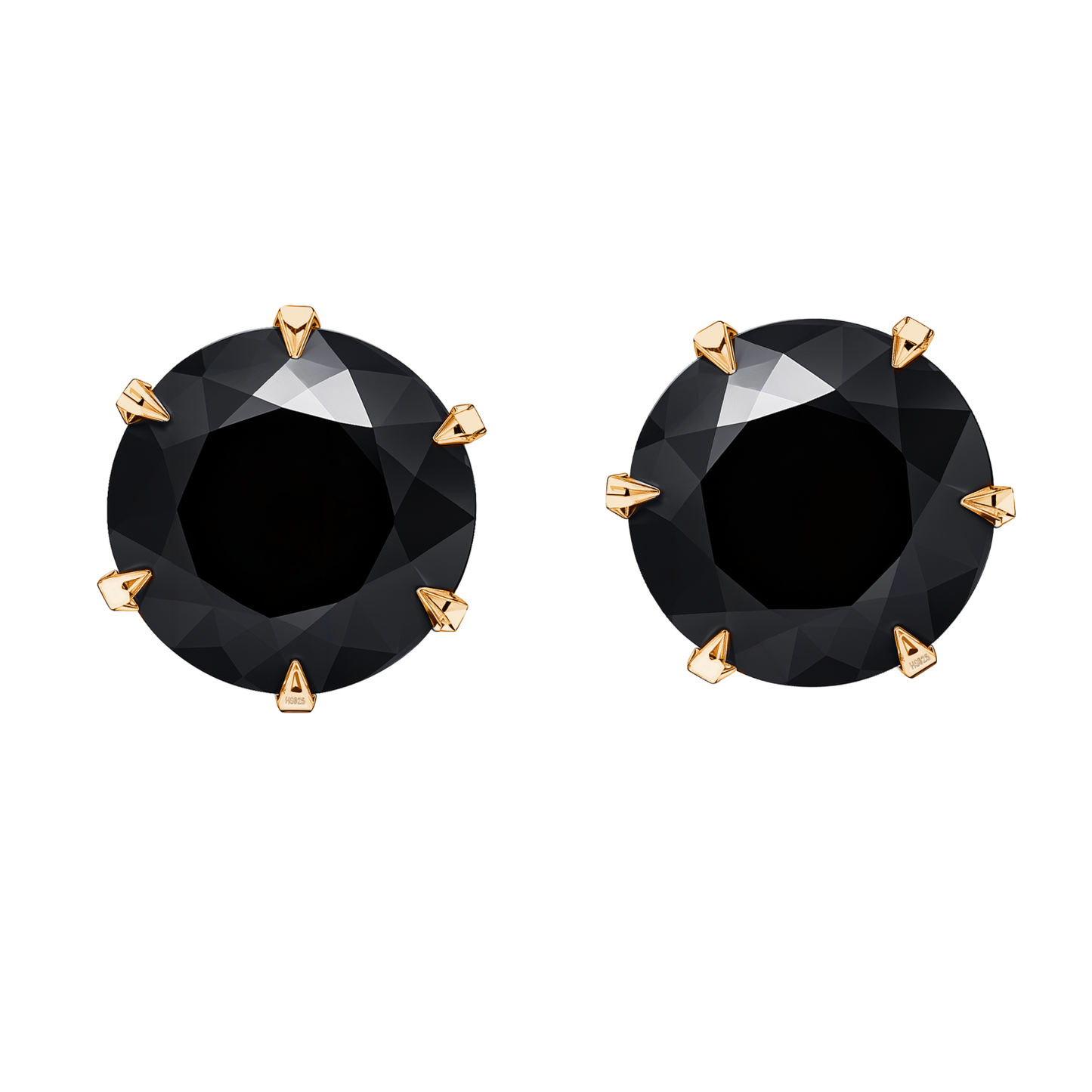 Gold Solitaire Black Round Stud Earrings - 92.5 Silver - Black Brilliant Zirconia Tops - 18k Gold Finish