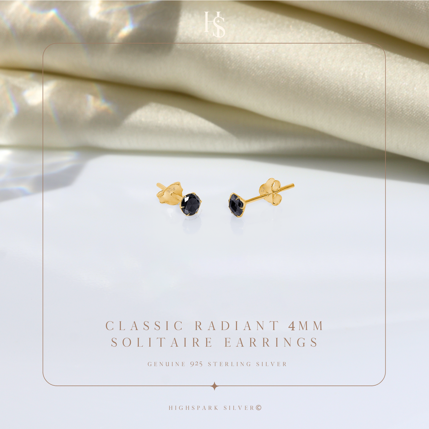 Gold Solitaire Black Round Stud Earrings - 92.5 Silver - Black Brilliant Zirconia Tops - 18k Gold Finish