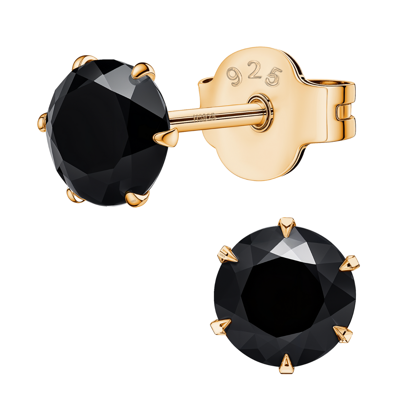 Gold Solitaire Black Round Stud Earrings - 92.5 Silver - Black Brilliant Zirconia Tops - 18k Gold Finish