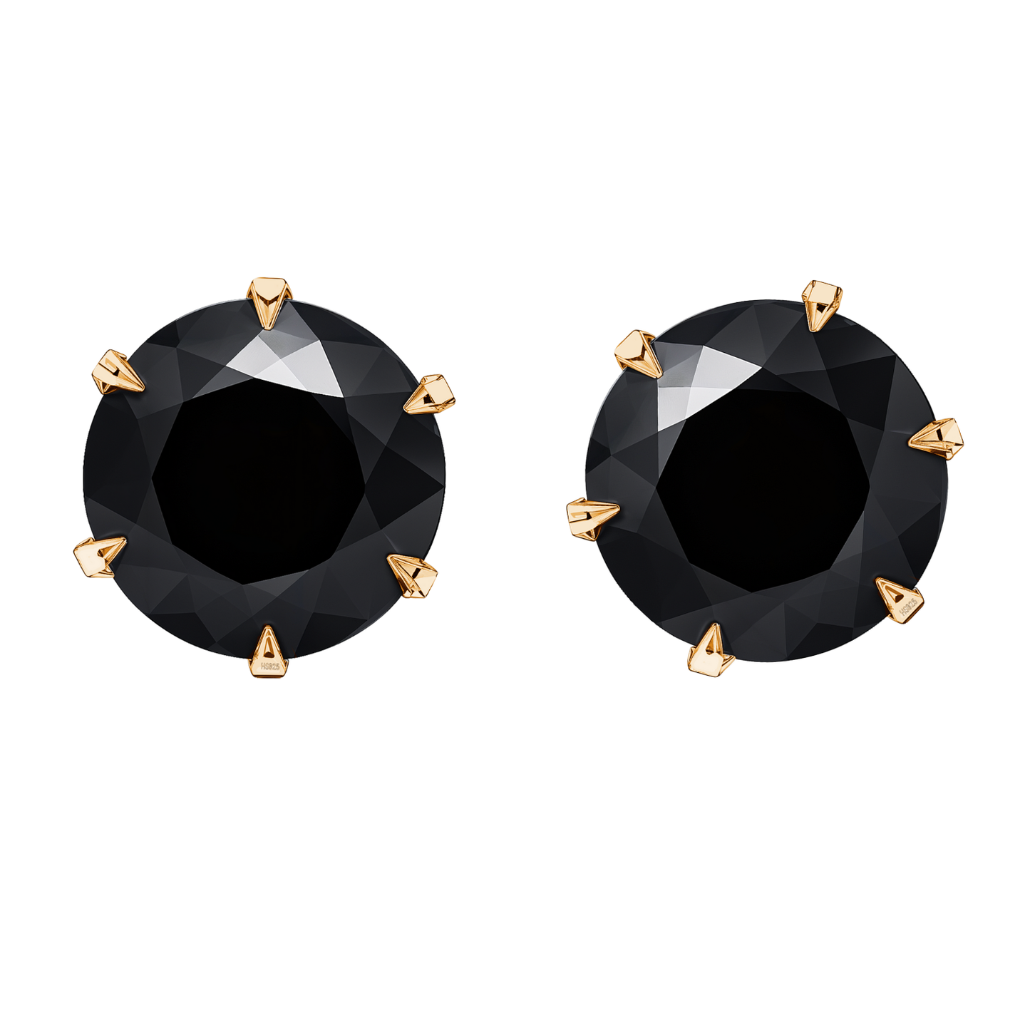 Gold Solitaire Black Round Stud Earrings - 92.5 Silver - Black Brilliant Zirconia Tops - 18k Gold Finish