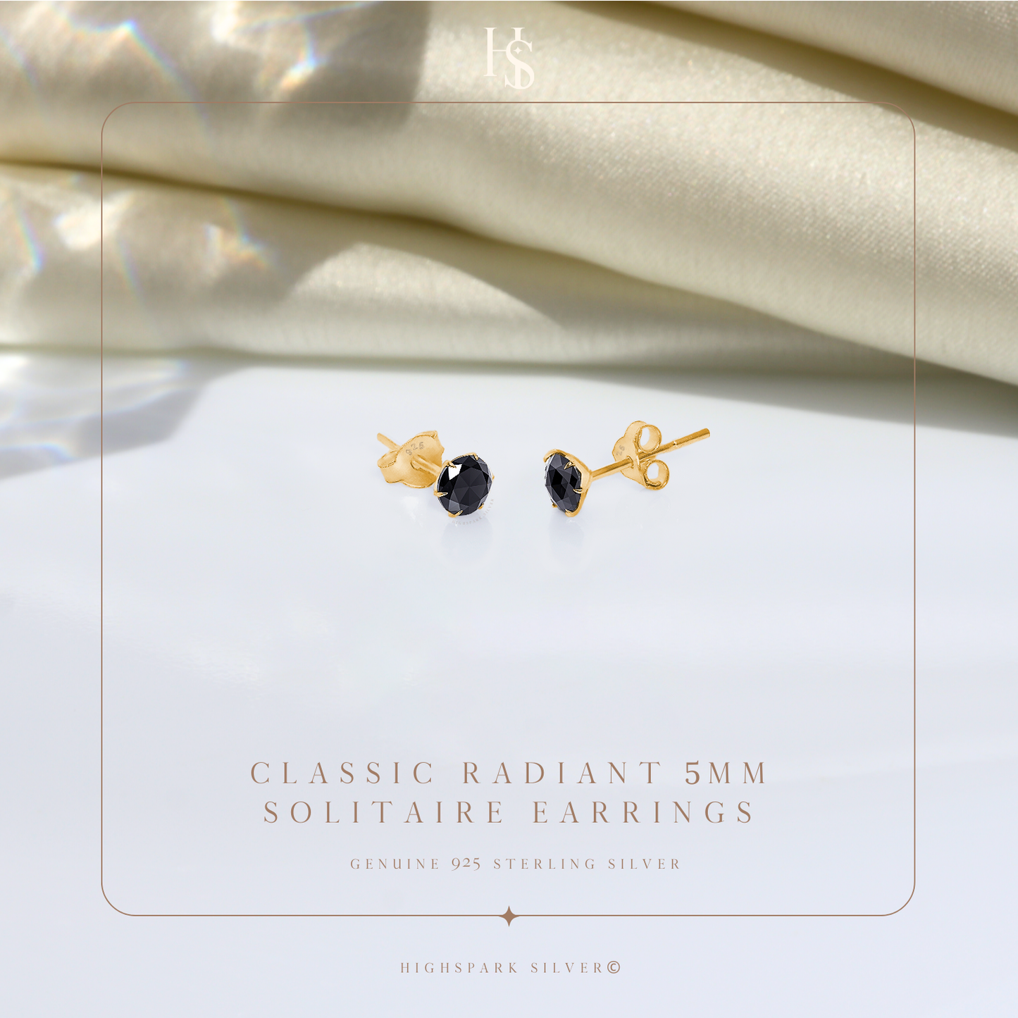 Gold Solitaire Black Round Stud Earrings - 92.5 Silver - Black Brilliant Zirconia Tops - 18k Gold Finish