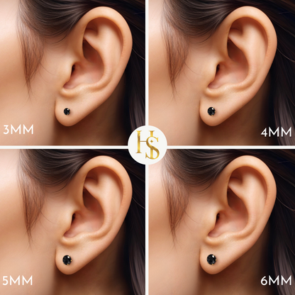 Gold Solitaire Black Round Stud Earrings - 92.5 Silver - Black Brilliant Zirconia Tops - 18k Gold Finish