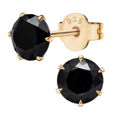 Gold Solitaire Black Round Stud Earrings - 92.5 Silver - Black Brilliant Zirconia Tops - 18k Gold Finish