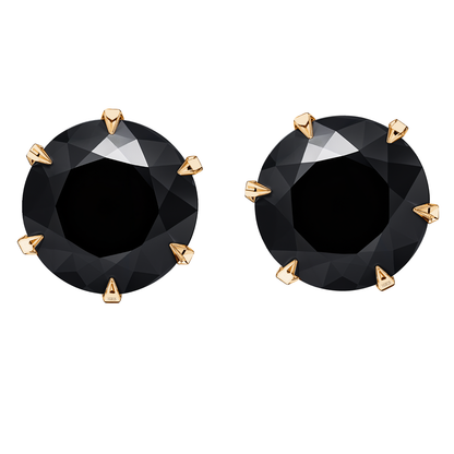 Gold Solitaire Black Round Stud Earrings - 92.5 Silver - Black Brilliant Zirconia Tops - 18k Gold Finish