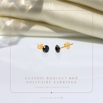 Gold Solitaire Black Round Stud Earrings - 92.5 Silver - Black Brilliant Zirconia Tops - 18k Gold Finish