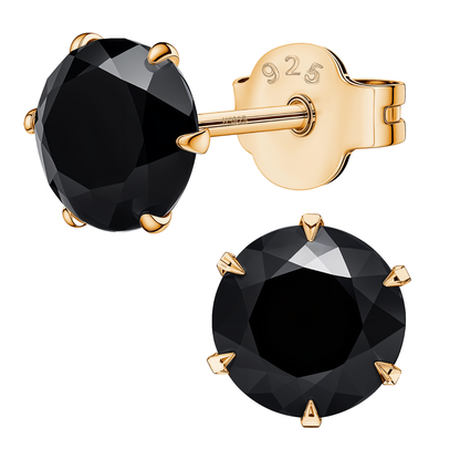 Gold Solitaire Black Round Stud Earrings - 92.5 Silver - Black Brilliant Zirconia Tops - 18k Gold Finish