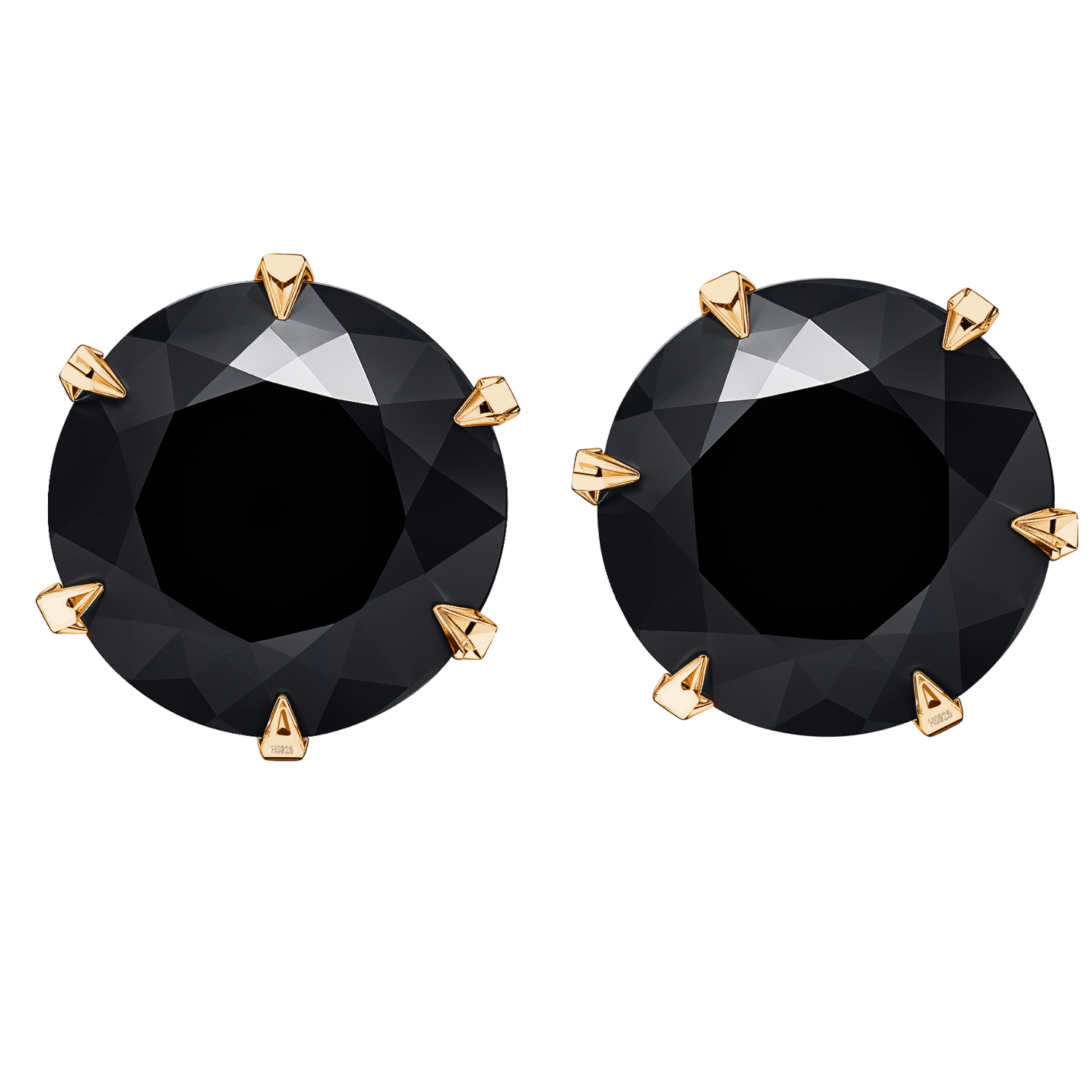 A pair of solitaire stud earrings with round, faceted black stones held in a six-prong gold-plated setting on a white background.
