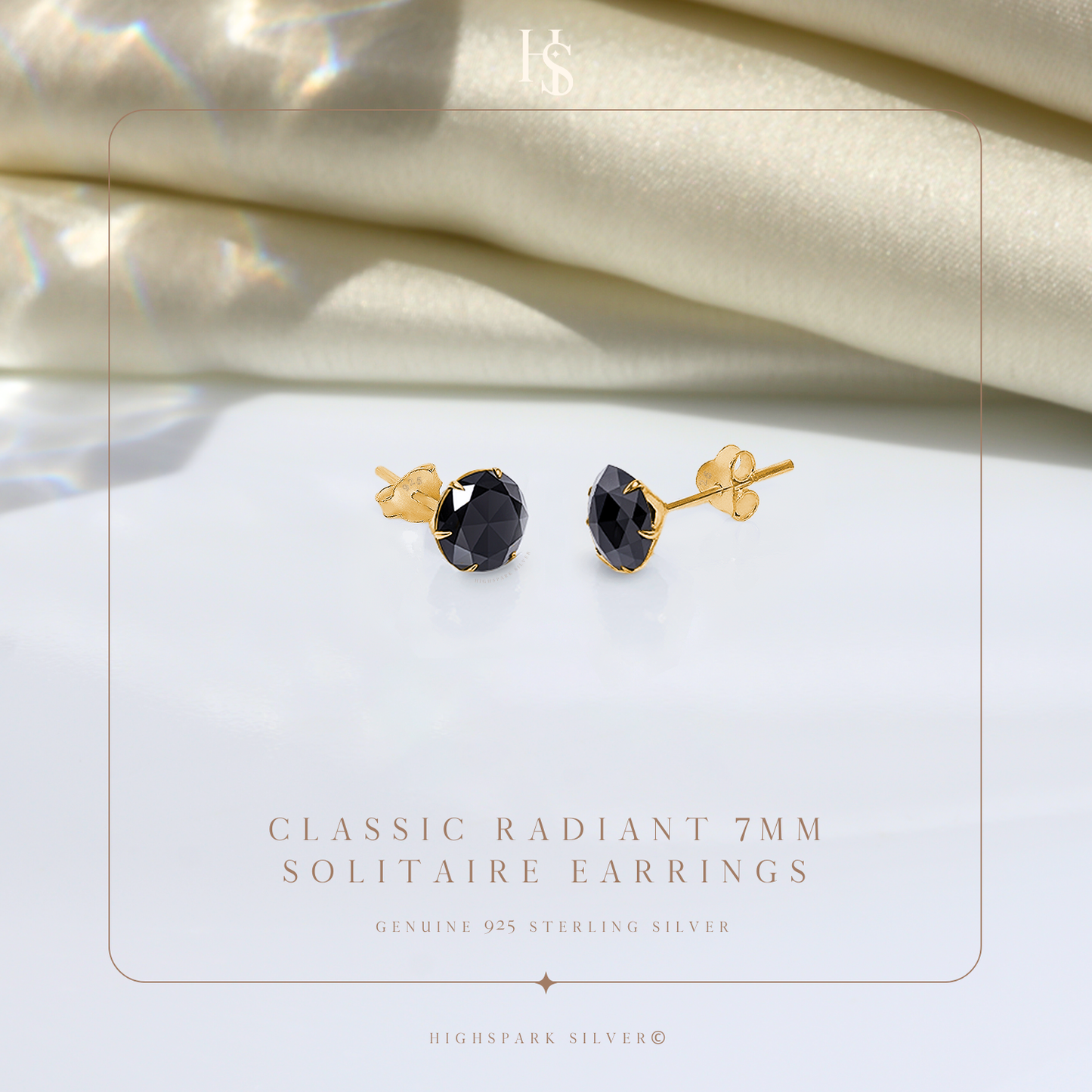 Gold Solitaire Black Round Stud Earrings - 92.5 Silver - Black Brilliant Zirconia Tops - 18k Gold Finish