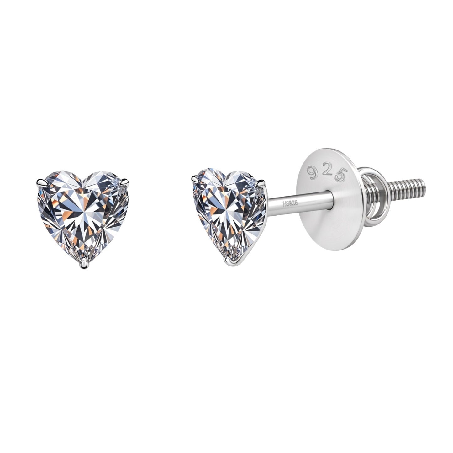 Solitaire Heart Screwback Stud Earrings in 92.5 Silver - Heart Shape - Brilliant Swiss Zirconia