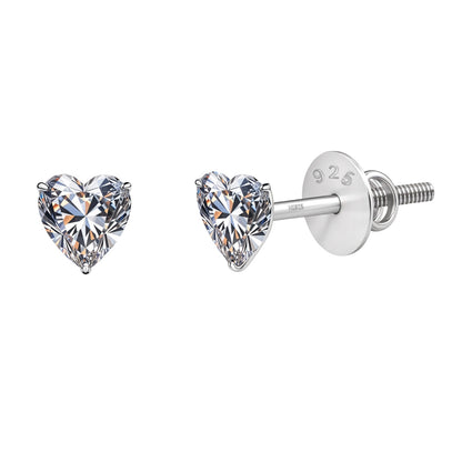 Solitaire Heart Screwback Stud Earrings in 92.5 Silver - Heart Shape - Brilliant Swiss Zirconia