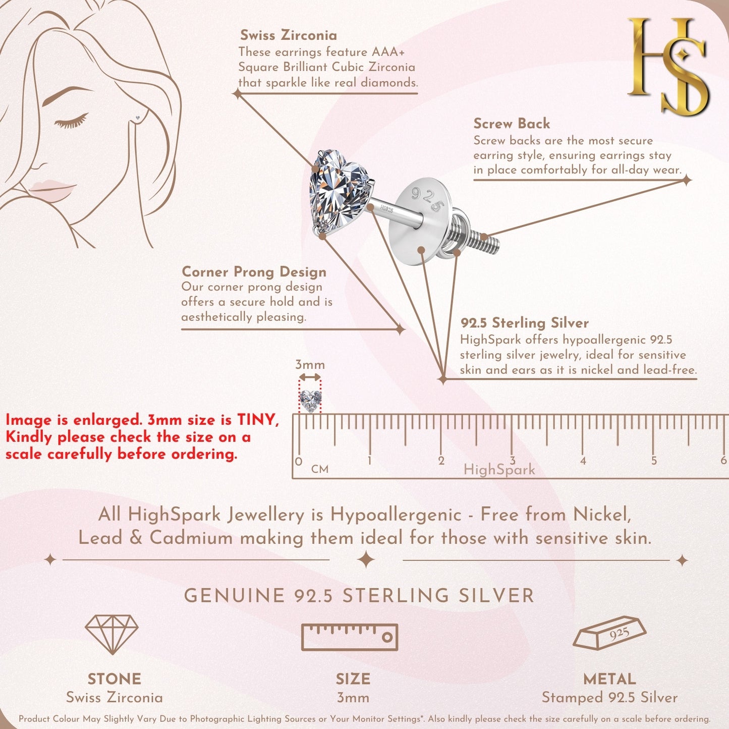 Solitaire Heart Screwback Stud Earrings in 92.5 Silver - Heart Shape - Brilliant Swiss Zirconia
