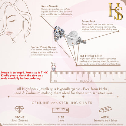 Solitaire Heart Screwback Stud Earrings in 92.5 Silver - Heart Shape - Brilliant Swiss Zirconia