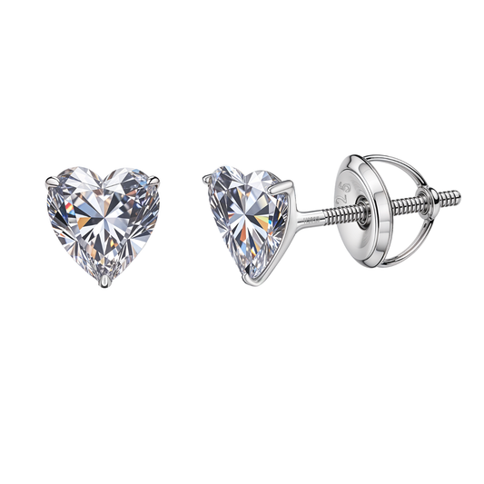 Solitaire Heart Screwback Stud Earrings in 92.5 Silver - Heart Shape - Brilliant Swiss Zirconia