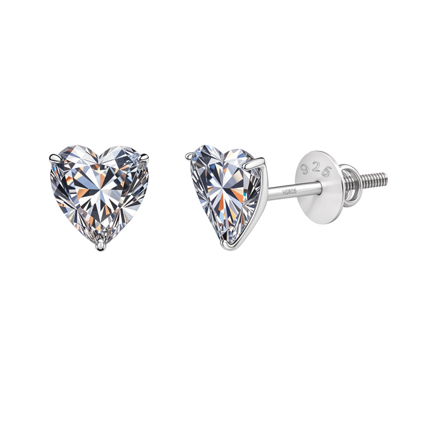 Solitaire Heart Screwback Stud Earrings in 92.5 Silver - Heart Shape - Brilliant Swiss Zirconia