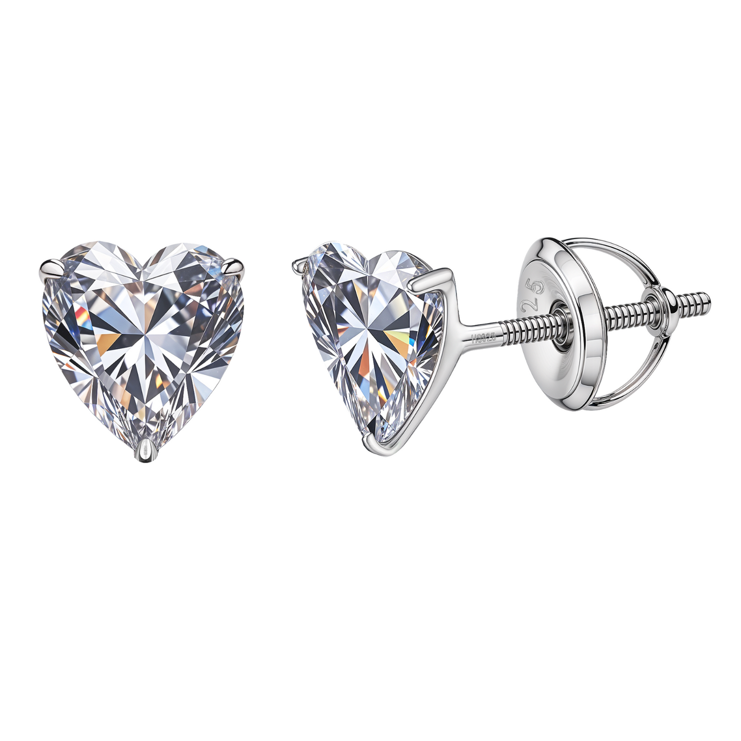 Solitaire Heart Screwback Stud Earrings in 92.5 Silver - Heart Shape - Brilliant Swiss Zirconia