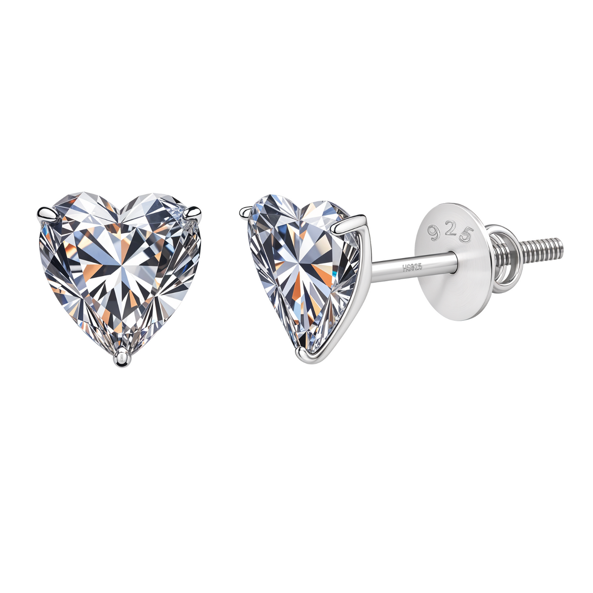 A pair of heart-shaped American diamond stud earrings in a three-prong sterling silver setting with a secure screw back.