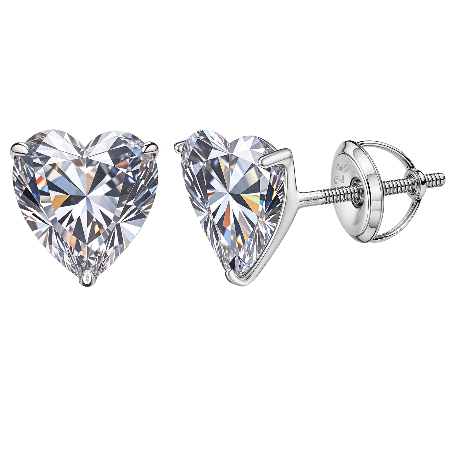 Solitaire Heart Screwback Stud Earrings in 92.5 Silver - Heart Shape - Brilliant Swiss Zirconia