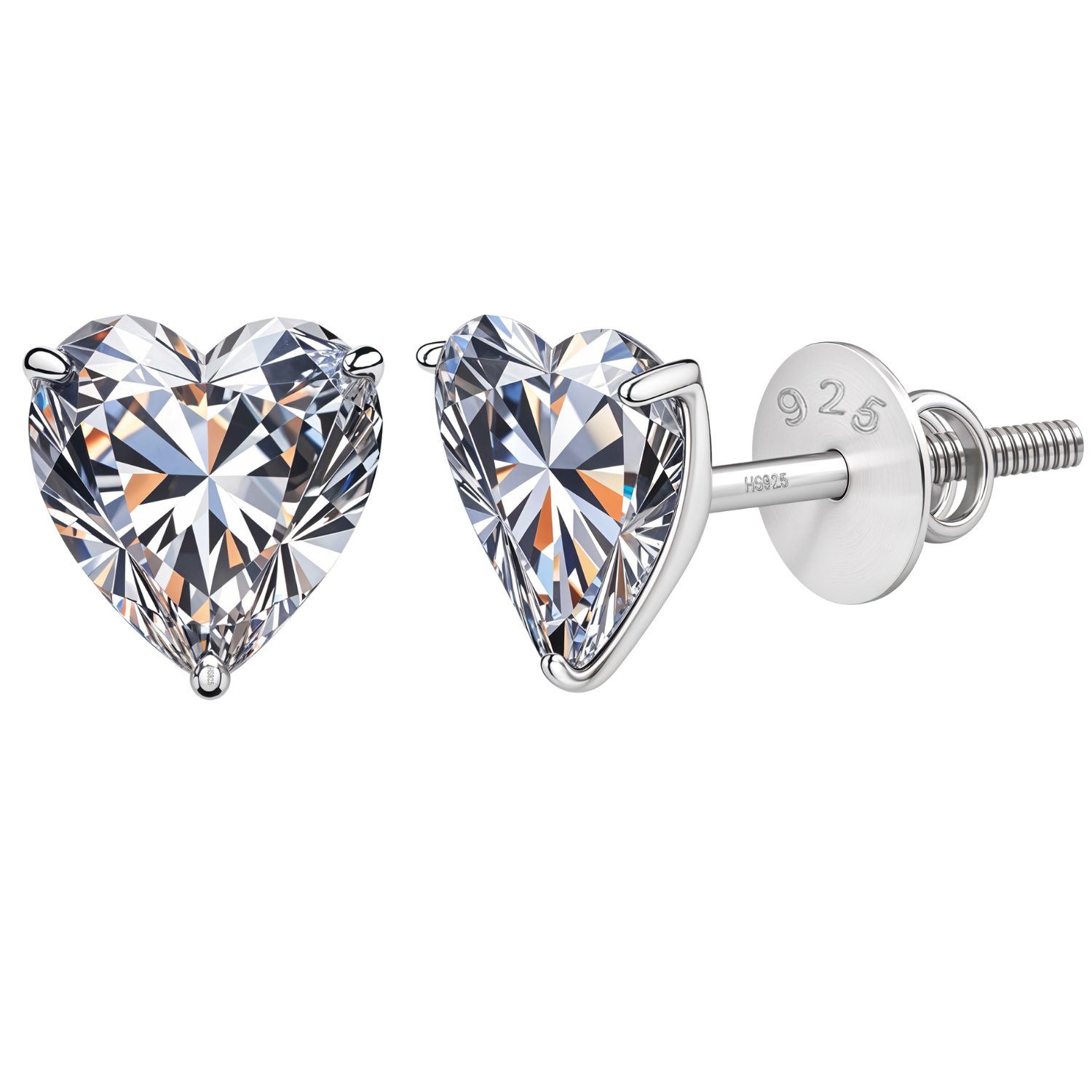 A pair of heart-shaped American diamond stud earrings in a three-prong setting with screw backs, made from 925 sterling silver.