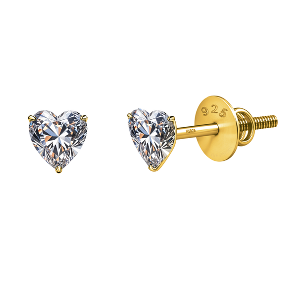 A pair of stud earrings with heart-shaped American diamonds in a three-prong setting with gold-plated sterling silver screw backs.
