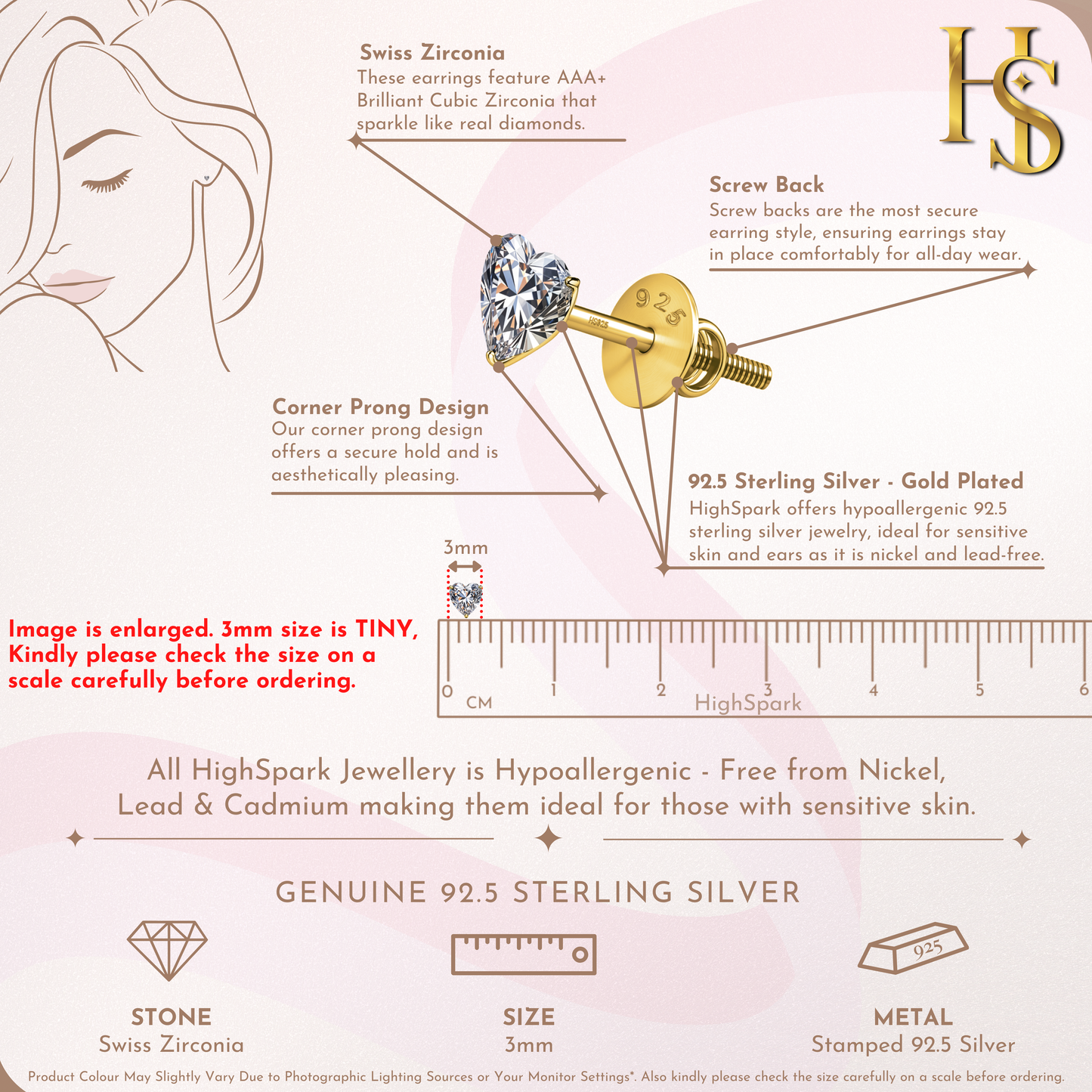 Adorable Heart Solitaire Screwback Studs Earrings in 925 Sterling Silver With 18k Gold Finish