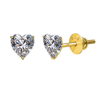 Adorable Heart Solitaire Screwback Studs Earrings in 925 Sterling Silver With 18k Gold Finish