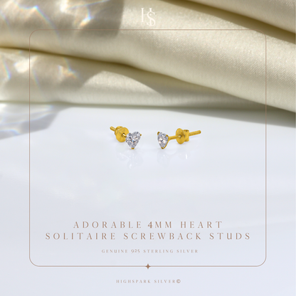Adorable Heart Solitaire Screwback Studs Earrings in 925 Sterling Silver With 18k Gold Finish