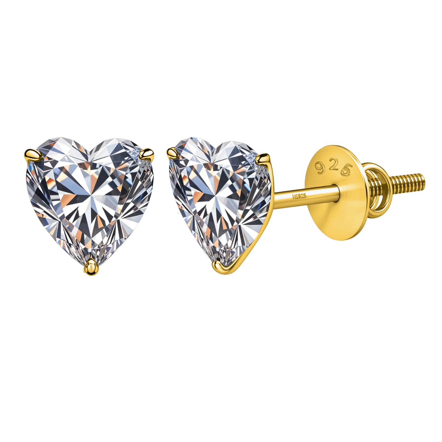 A pair of heart-shaped American diamond stud earrings with three-prong settings and screw backs in gold-plated sterling silver.