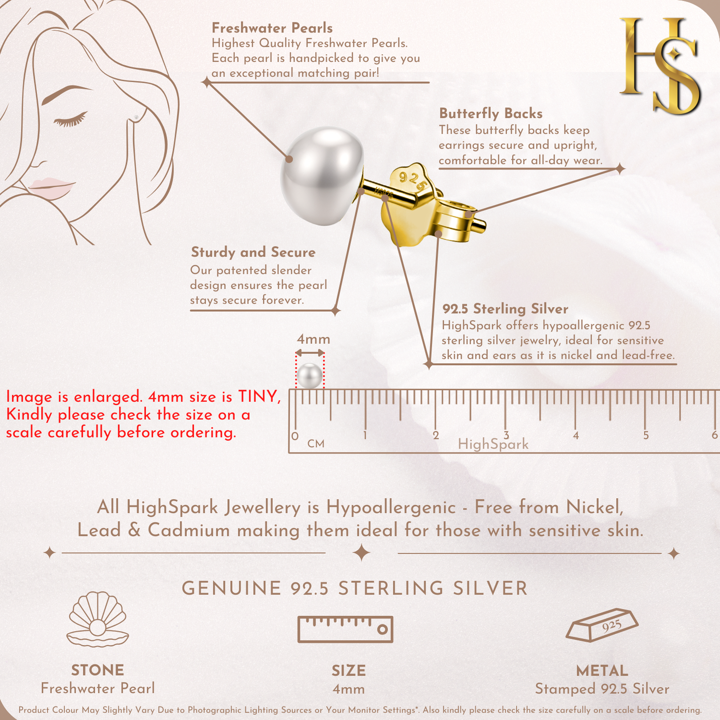 Freshwater Gold Pearl Stud Earrings in 925 Sterling Silver With 18k Gold Finish