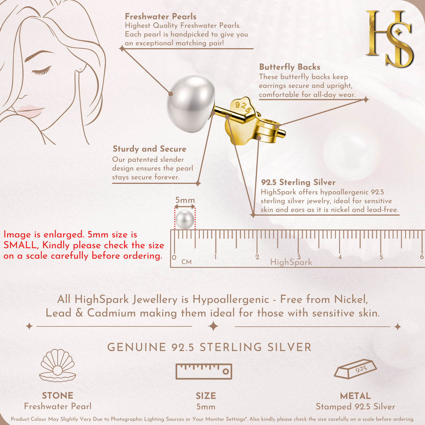 Freshwater Gold Pearl Stud Earrings in 925 Sterling Silver With 18k Gold Finish