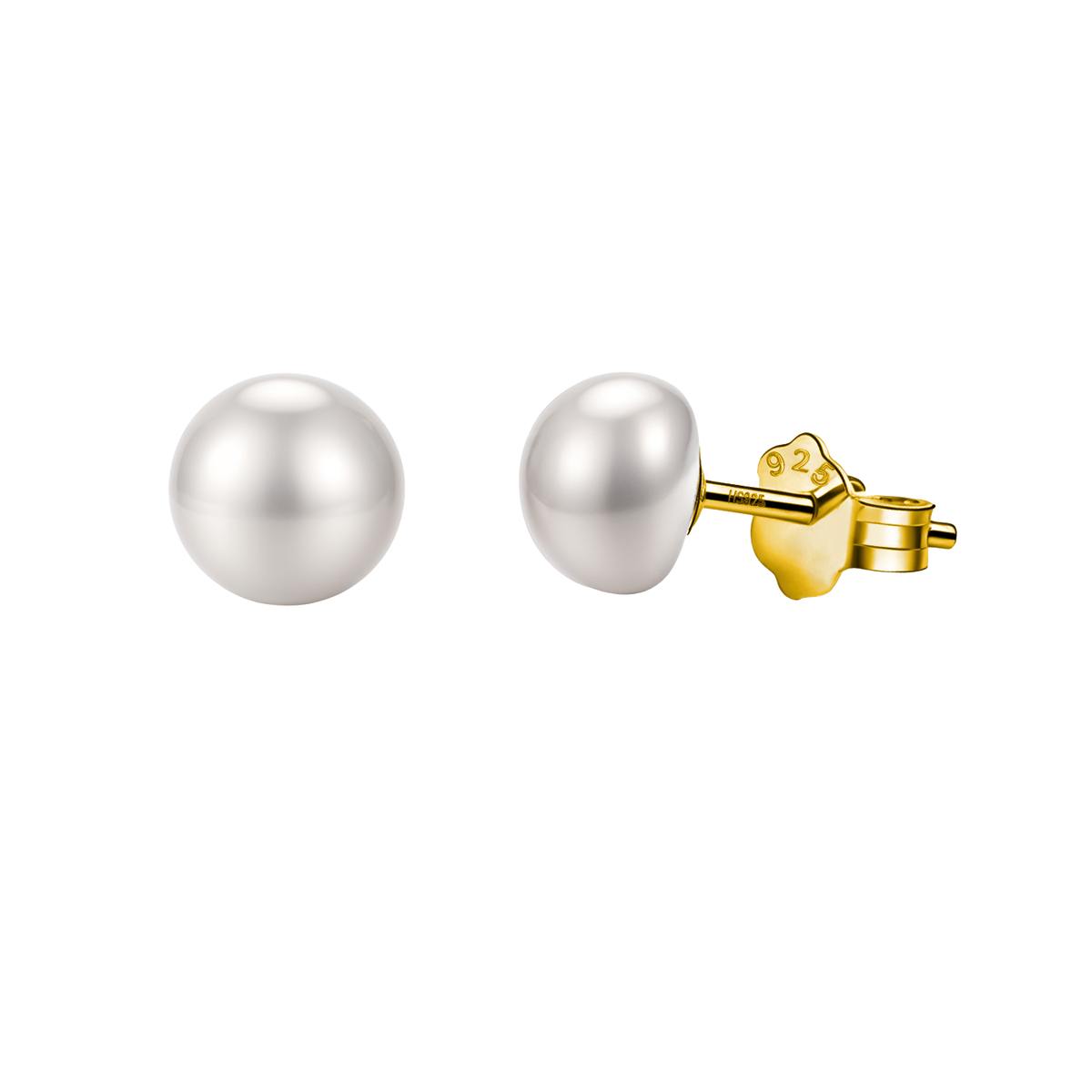 A pair of classic stud earrings with round white freshwater pearls set on gold-plated sterling silver posts with butterfly backs.