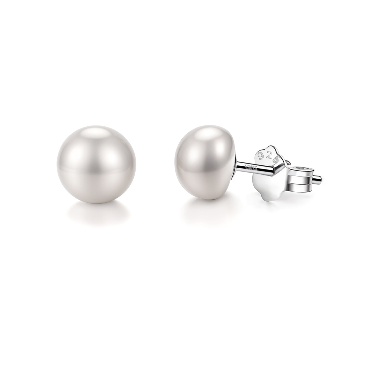 A pair of round freshwater button pearl stud earrings with sterling silver push-back closures on a plain white background.