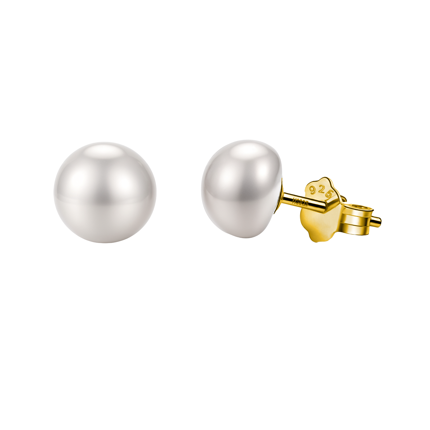 A pair of round freshwater pearl stud earrings with 18k gold-plated sterling silver posts and butterfly backs on a white background.