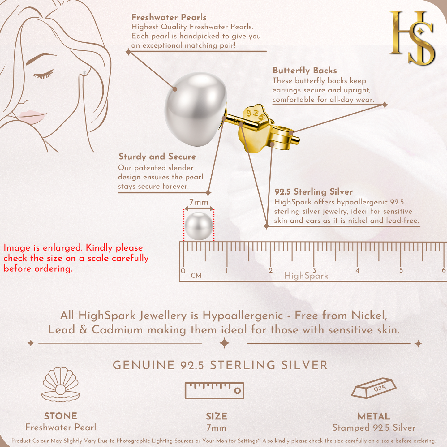 Freshwater Gold Pearl Stud Earrings in 925 Sterling Silver With 18k Gold Finish