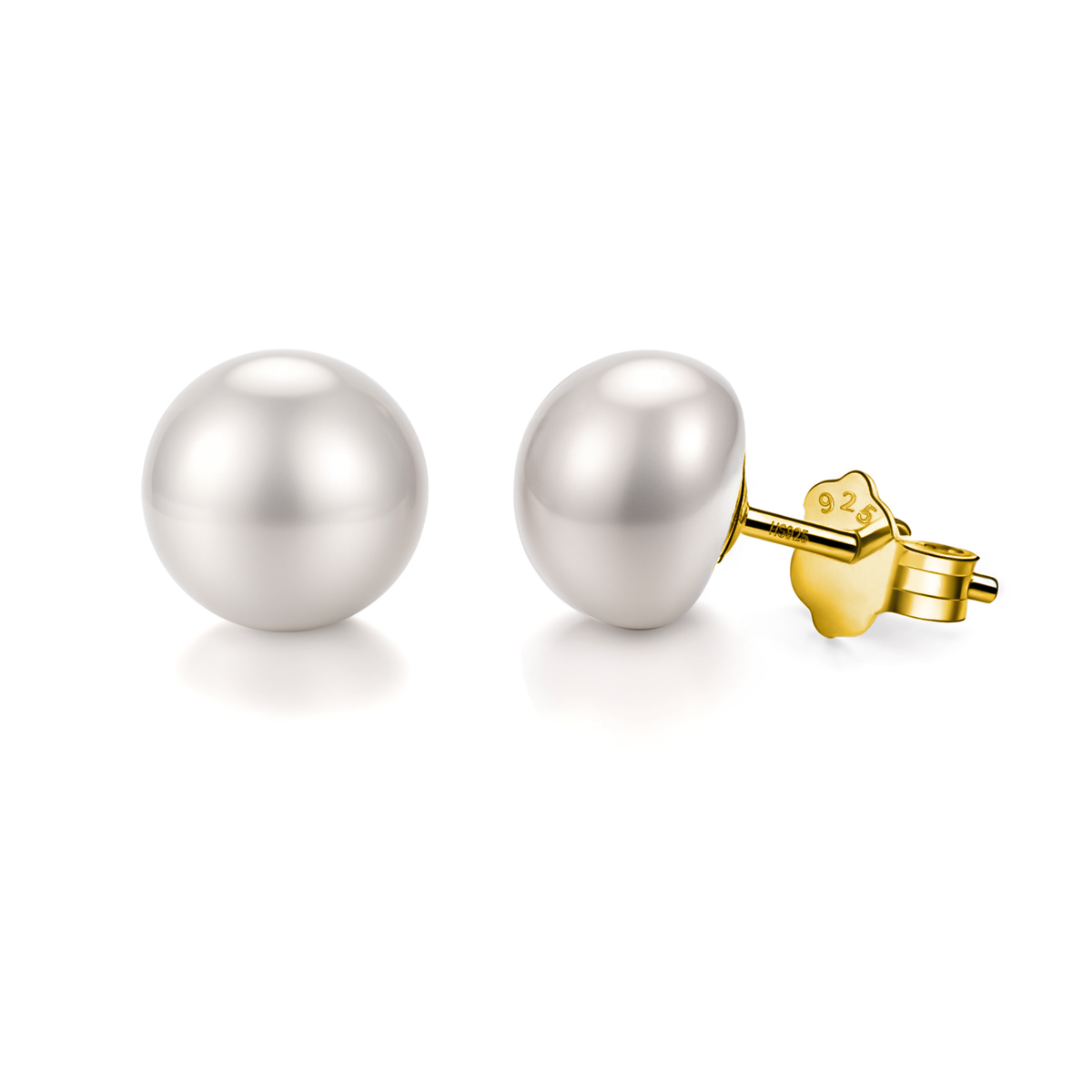 A pair of classic pearl stud earrings with 18k gold-plated sterling silver posts and butterfly backs, shown on a plain white background.