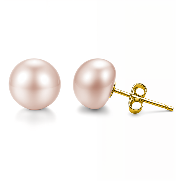 A pair of stud earrings with round, peach-colored freshwater pearls set on gold-plated sterling silver posts with butterfly backs.