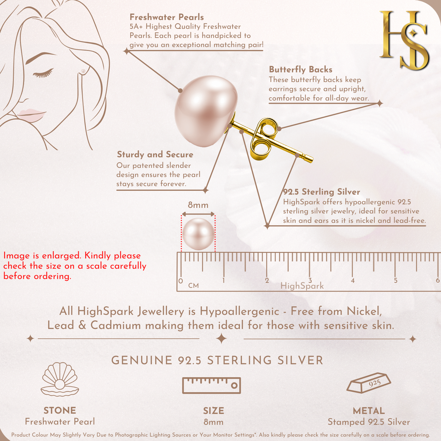 Freshwater Button Pearl 8MM Peach in 925 Sterling Silver with 18k Gold Finish For Women