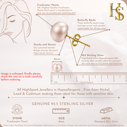 Freshwater Button Pearl 8MM Peach in 925 Sterling Silver with 18k Gold Finish For Women