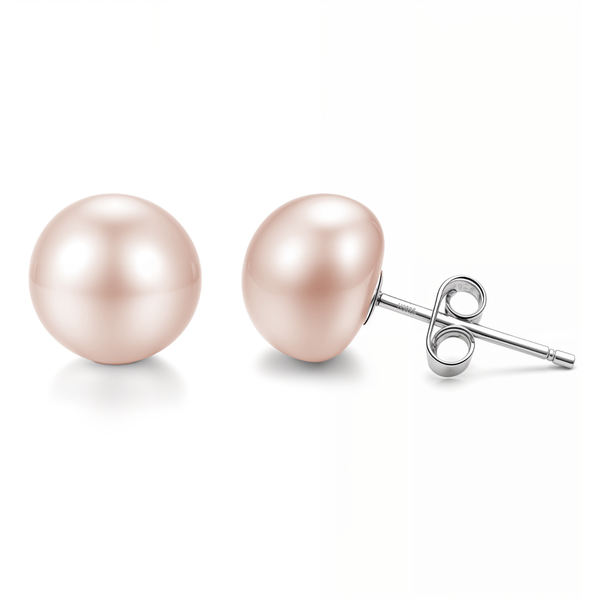 A pair of stud earrings with lustrous, round peach freshwater pearls set in sterling silver with butterfly backs, on a white background.