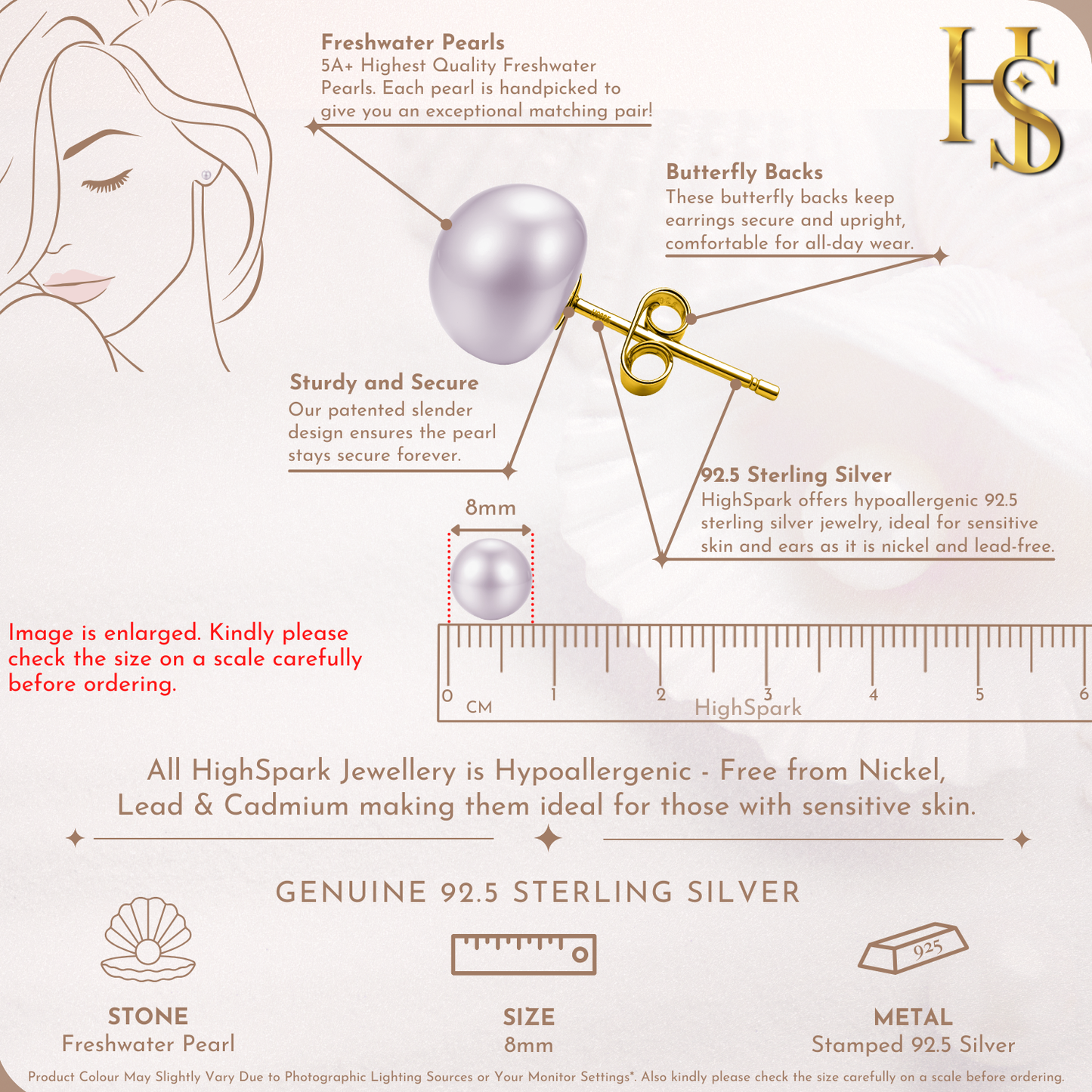 Freshwater Button Mauve Pearl Stud 8MM in 925 Sterling Silver in 18k Gold Finish