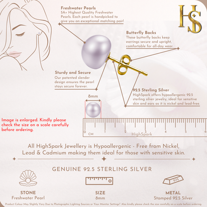 Freshwater Button Mauve Pearl Stud 8MM in 925 Sterling Silver in 18k Gold Finish