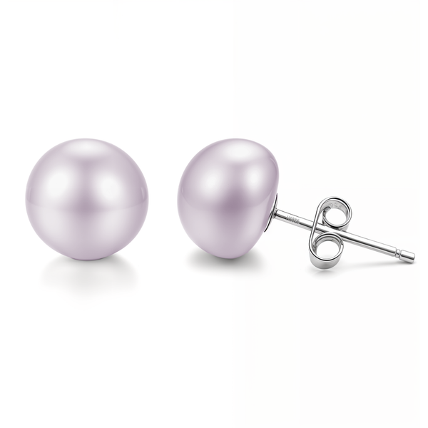 A pair of stud earrings with round mauve freshwater pearls set in sterling silver, shown on a white background.