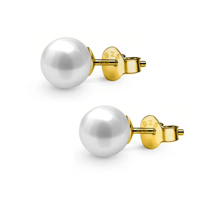 Classic Shell White Pearl Stud Earrings in 925 Sterling Silver in 18k Gold Finish For Women
