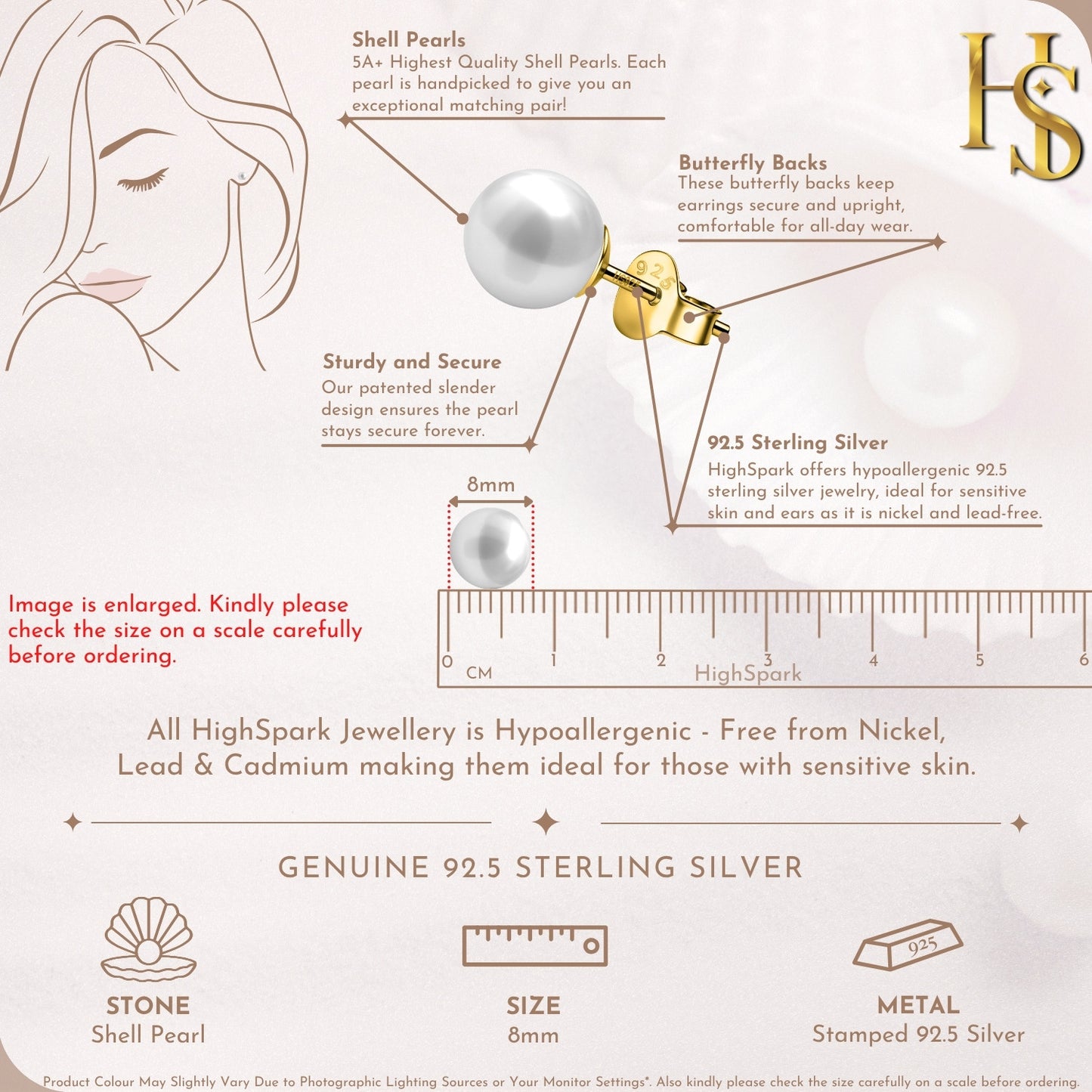 Classic Shell White Pearl Stud Earrings in 925 Sterling Silver in 18k Gold Finish For Women