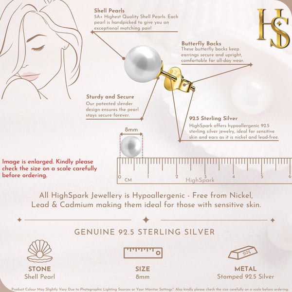 Classic Shell White Pearl Stud Earrings in 925 Sterling Silver in 18k Gold Finish For Women