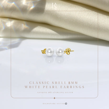 Classic Shell White Pearl Stud Earrings in 925 Sterling Silver in 18k Gold Finish For Women