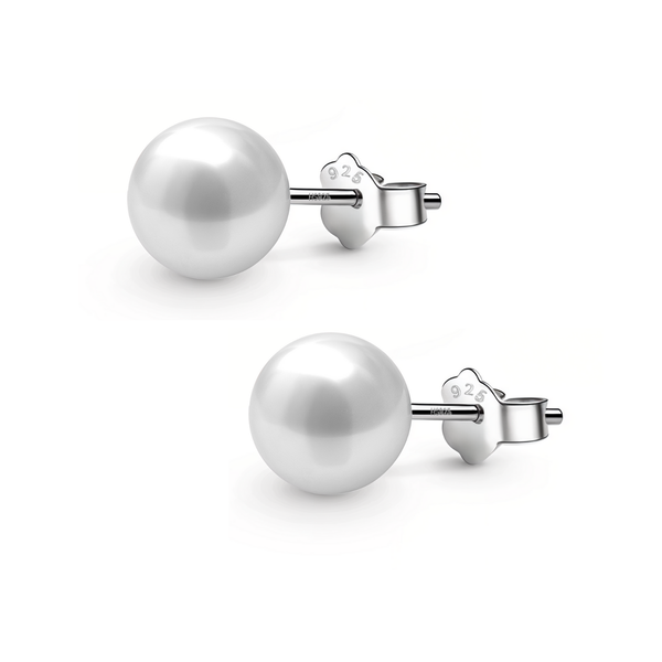 A pair of classic pearl stud earrings with push-back closures in sterling silver, shown on a plain white background.