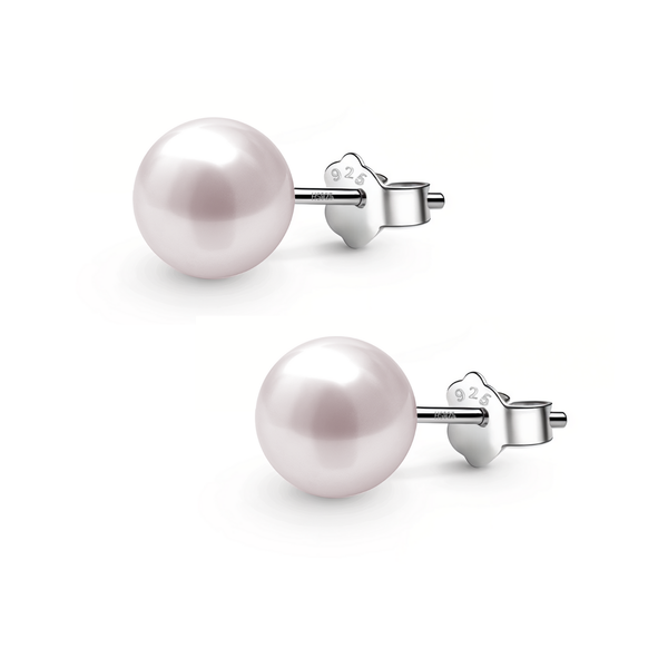 A pair of classic stud earrings with lustrous pink pearls set in sterling silver with push backs, shown on a white background.