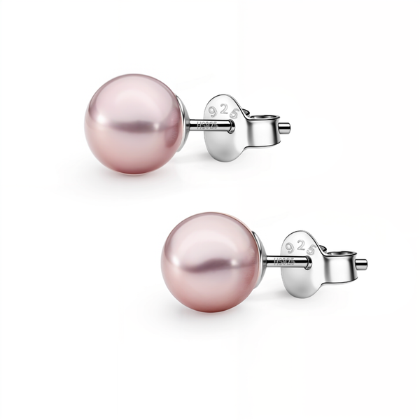 Classic Shell 8MM Pink Pearl Stud Earrings in 925 Sterling Silver with 18k Gold Finish For Women